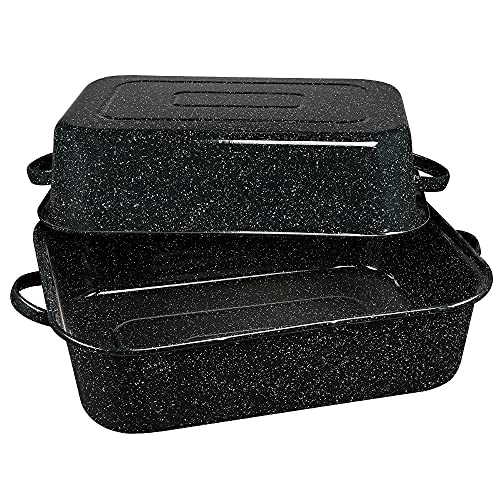 Comparison: Best Blue Speckled Roasting Pan 5 Granite Ware 21-Inch Covered Rectangular Roaster - Enamel Steel Cookware, Nonstick & Chemical-Free, Dishwasher Safe - 25 Lb Capacity, Large Roasting Pan for Meats, Poultry, Vegetables (Speckled Black)