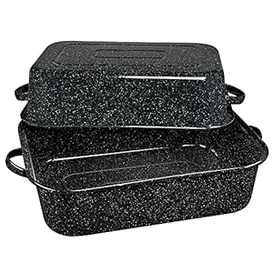 Granite Ware 25 lb. Enamelware Oven Rectangular Roaster with lid. Capacity 19.5 in (Speckled Black). Dishwasher Safe. Easy to Clean.