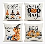 Feulam Halloween Pillow Covers 18x18 Inch Trick Or Treat Halloween Throw Pillow Covers Set of 4 Pillow Case for Sofa Couch Decorations Pumpkin