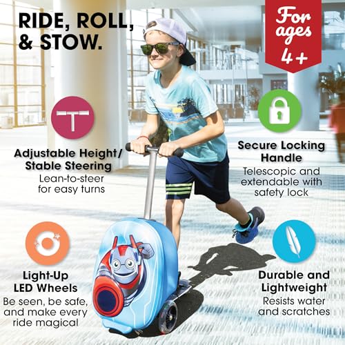 Image of KIDDIETOTES Boys Ride-On Scooter Luggage, Hardside Travel Carry-On Suitcase, multi, 13.5 Inch x 9 Inch x 20 Inch, Superhero Robot
