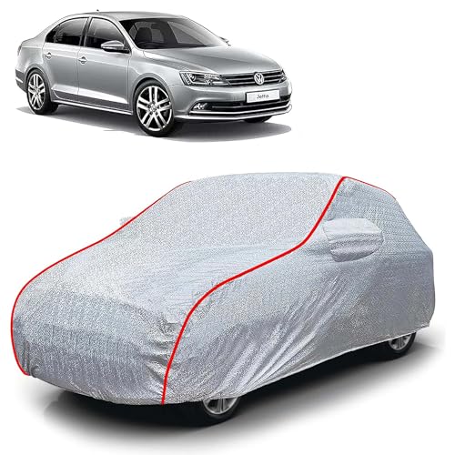 Image of Sulfar 100% Waterproof Car Body Cover Compatible with Mirror for Volkswagen Jetta (Triple Stitched, Full Bottom Elastic, Magic Silver with Red Piping)