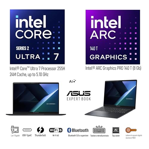 Notebook B3, Intel Ultra7 255H, Ram DDR5 32Gb, SSD Pci 1Tb, (2x512Gb) Display Ips 16" WUXGA, Intel Arc 140T 16Gb, Wi-FI 6, 2 Usb-C, lan Rj45, Tastiera retroilluminata, fingerprint, Ready to use - Notebook - Immagine 3