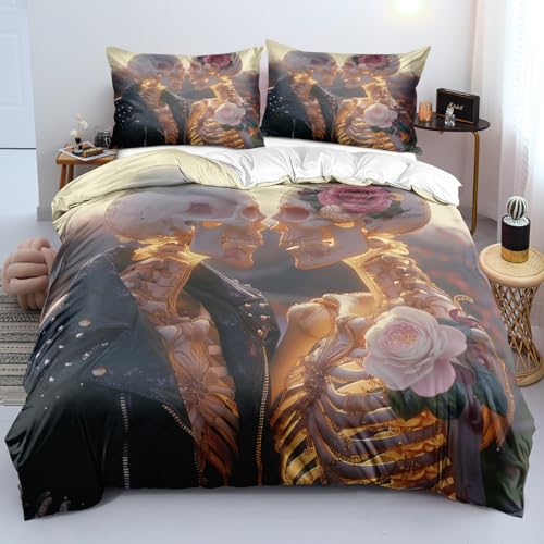 Housse de couette 140x200 tête de mort lit gothique esthétique avec taie d'oreiller
