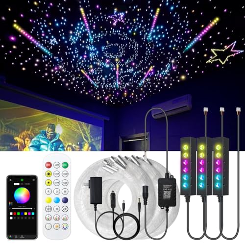 Image of AKEPO MIni Size 6-Hole 3.2W RGB Multiple Color Chasing Fiber Optic Light Kit, Car Home APP Control 13.1ft 1080pcs*0.75mm /0.03in Optical Fiber Colorful Sound Activated Headliner Starlight Kit