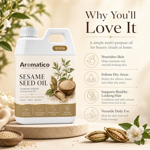 Image of AROMATICO Sesame Oil for Skin, Hair and Body Care, Multipurpose Carrier Oil for Massage, Scalp Care, Dry Skin Routine, DIY Beauty and Natural Glow - 946 ml