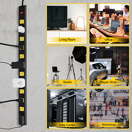 Suraielec 12 Outlet Long Metal Power Strip, 15 Ft Cord Surge Protector, Angled Flat Plug, Wide Spaced Outlet Power Bar, 15A Breaker, Wall Mountable, Industrial Heavy Duty For Work Bench, Shop, Garage #TOP6