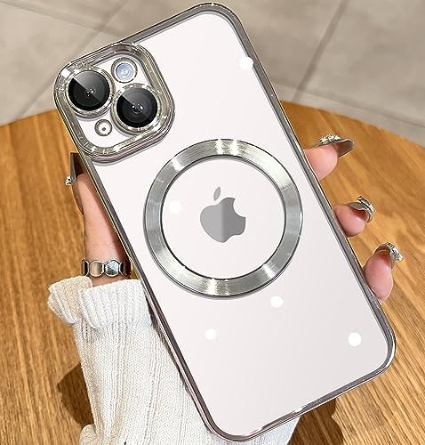 JUESHITUO Magnetic Matallic Glossy Clear for iPhone 13 Case with Full Camera Cover Protection [No.1 Strong N52 Magnets] [Military Grade Drop Protection] for Women Girls Phone Case (6.1")-Silver