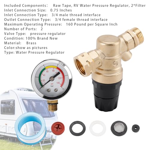 Frezon RV Water Pressure Regulator Fit For RV Camper,Brass Lead-Free Adjustable Camper Water Pressure Regulator with 0-160 PSI Gauge Reducer Valve W/Filter & Adjustable Handle