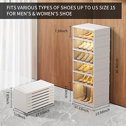 Image of CIMLORD 6-Tier Foldable Shoe Rack Organizer with Doors, 12 Pairs, White | Collapsible Narrow Plastic Shoe Cabinet Storage, Fits Boots&Sneakers, Stackable with Lids, Easy Assembly, for Closet&Entryway