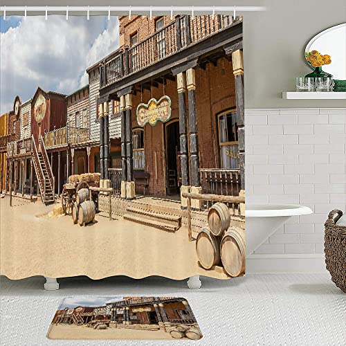 Waterproof Shower Curtain Sets with Non-Slip Bathroom Mats Old Wild West Cowboy Town Saloon USA Vintage Saloon Central Arizona Background Shower Curtain Rug for Bathtubs Hotel Shower Set with 12 Hooks Waterproof Shower Curtain Sets with Non-Slip Bathroom Mats Old Wild West Cowboy Town Saloon USA Vintage Saloon Central Arizona Background Shower Curtain Rug for Bathtubs Hotel Shower Set with 12 Hooks