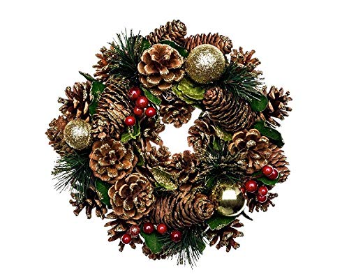 Muddy Hands 12" (30cm) Artificial Christmas Wreath Ring Xmas Wall Door Hanging Decoration (Gold Bauble & Cone)