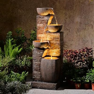 KAISOKU 38.2" Tall Outdoor Water Fountain,Stone Texture Modern 4 Tiers Cascading Bowls Garden Fountains Outdoor,Suit for Patio, Deck, Porch, Lawns, Backyard and Home Art Decor