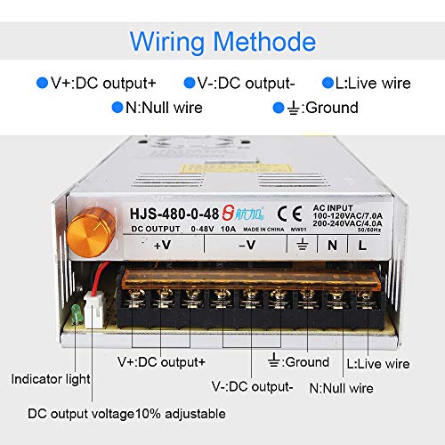 Adjustable DC Power Voltage Converter AC 110V-220V to DC 0-48V 10A Module Switching Power Supply Digital Display 480W Voltage Regulator Transformer Built in Cooling Fan4
