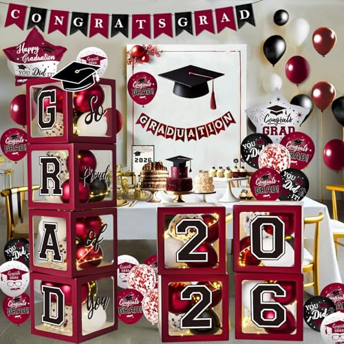 Maroon Themed 2026 Graduation Decorations Set - Balloons Boxes with Letters 2026 GRAD So Proud of You - Complete Party Supplies for High School & College Celebrations