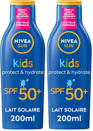 NIVEA SUN Lait Solaire Protect & Hydrate Kids SPF 50+ 200 ml — Crème Solaire résistante à l'eau — Haute Protection Visage et Corps pour la peau délicate des Enfants (Lot de 2)
