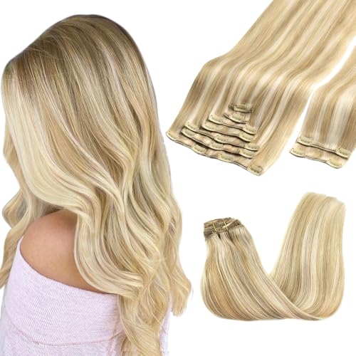 Image of GOO GOO Clip in Hair Extensions Real Human Hair, Remy Human Hair Extensions Clip ins for Women, Natural Human Hair, 18inch 150g 9Pcs, 18A /613A Dark Blonde Highlighted Bleach Blonde