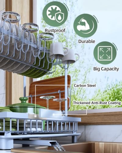 Image of Dish Drying Rack 2-Tier Dish Racks with Drainboard, Rustproof, Space-Saving Dish Rack, Utensil & Cup Holder for Kitchen Counter, Blue