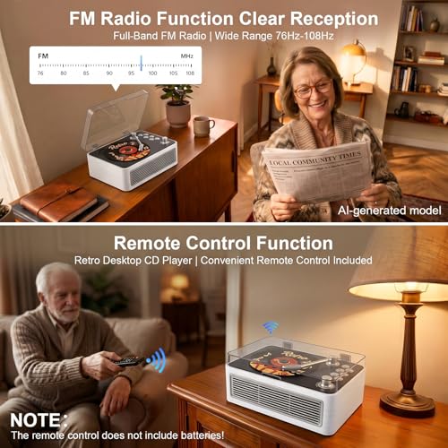 Image of Gueray Retro CD Player Portable Bluetooth CD Players with Speakers Vintage CD-Player 3600mAh Rechargeable & Radio & Remote Control Support USB /AUX Playback Headphone Jack (Walnut Color)