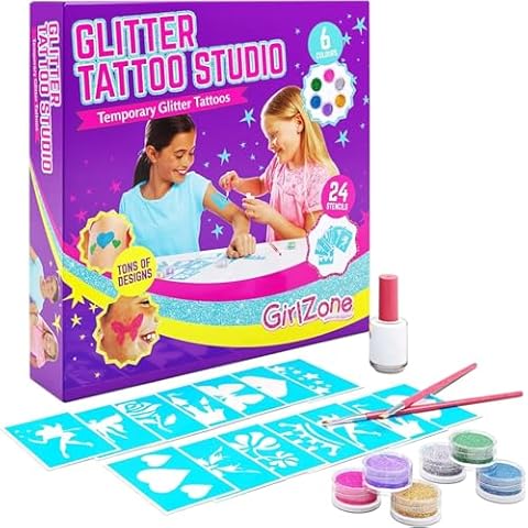 GirlZone 33 Fun Pieces Glitter Tattoo for Kids, Face & Skin-Friendly, Includes 24 Stencil Designs, 6 Colorful Cosmetic Glitters, 2 Brushes & 1 Body Adhesive, For Ages 3+ Cover