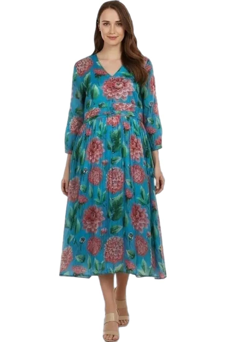 A-Line Gown Long Silk Dress Floral Hand Printed for Women & Girls V-Neck, 3/4 Sleeves-image-35
