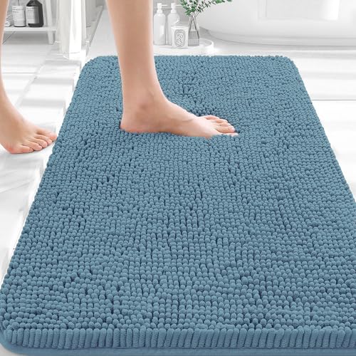 Image of OLANLY Bathroom Rugs 30x18, Extra Soft Absorbent Chenille Bath Rugs, Rubber Backing Quick Dry, Machine Washable Bath Mats for Bathroom Floor, Tub and Shower, Home Decor Accessories, Airy Blue