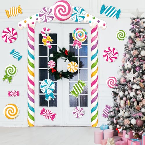 Image of Funrous Candyland Party Decorations Colorful Candy Lollipop Porch Banner Door Sign Candyland Hanging Backdrops Photo Booth Props for Birthday Baby Shower Outdoor Indoor Porch Decor(Pink,Candy)