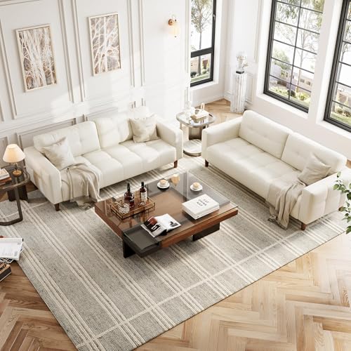 Image of IDEALHOUSE 83 inch Beige Faux Leather Couch, 3 Seater Sofa Couches
