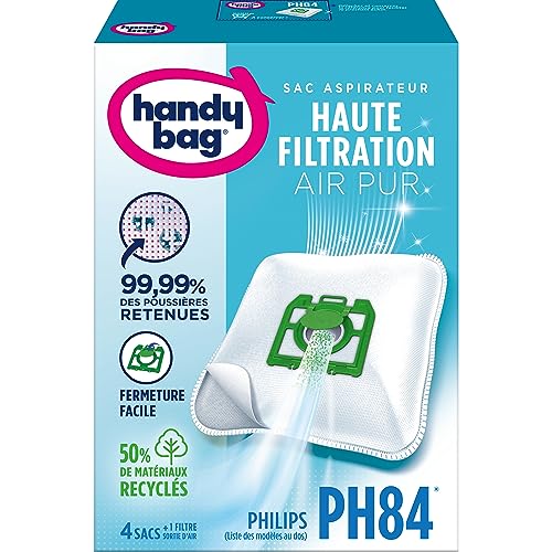 Handy Bag 4 Sacs Aspirateurs, Pour Aspirateurs Philips et LG/Goldstar, Fermeture Hermétique, Filtre Anti-Allergène, Filtre Moteur, PH84, Blanc