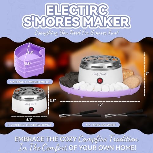 Image of Party Desserts Electric Smores Maker Tabletop Indoor Kit, Indoor Marshmallow Roaster, Smores Station with 4 Compartment Trays & Forks, Great Gift for Adults and Kids in Holidays and Parties (Lavander)
