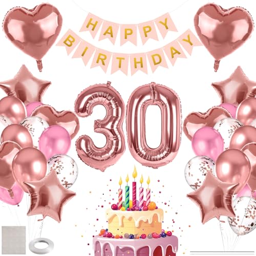 #rémunéré #Amazon<br>Deco Ballons 30 ans Anniversaire Femme Decoration Anniversaire 30 ans Kit avec Bannière HAPPY BIRTHDAY Chiffre 30 Géant Foile Cœur et Étoile Ballon Foile Ballons Latex et à Confetti Rose