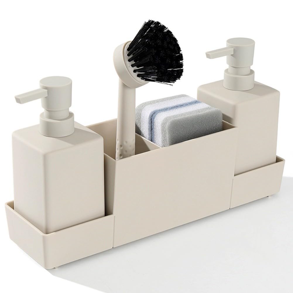 Set organizer per lavello da cucina con dispenser di sapone da 350 ml, spazzola per la pulizia e vassoio per spugna, plastica ABS, finitura opaca, grigio/beige/bianco/nero/per marrone rosso