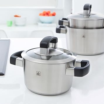 BK Conical Cool Glas Stainless Steel Induction 4-Piece Cookware Set with Lid, Oven and Roasting Safe up to 230C, Dishwasher Safe, Stay-Cool Handles, PFAS-Free, Silver