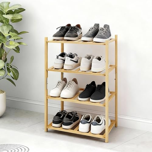 Akloya Zapatero pequeño, Organizador de Zapatos Multiusos de 4 Niveles, estantes pequeños de bambú para Zapatos, Plantas, Libros, Sala de Estar, Pasillo, Dormitorio, baño (4 Tier)