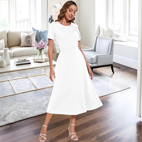 Image of shengfan Women's Casual A Line Swing Summer Dress Formal Short Sleeve Round Neck Wrap Evening Party Dresses