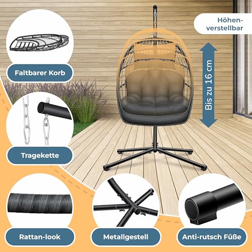 KESSER® Hängesessel Jungle mit Gestell Stahl Hängekorb Sessel Großen Kissen + Decken Halterung + Cover Hängeschaukel Hängesitz Indoor - Outdoor Schaukel Hängestuhl für Kinder und Erwachsene, Anthrazit