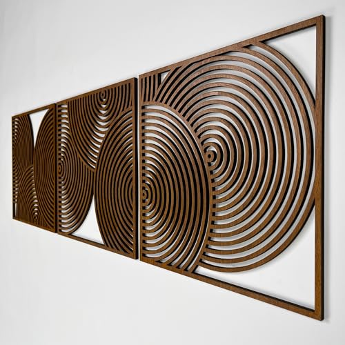 Large Midcentury Modern Wood Wall Art Trio, Geometric Wood Panels