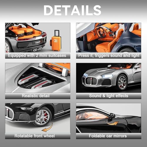 Image of 1:24 Scale Big Bugatti Atlantic Toy Car | Metal Pullback Diecast Car for Kids with Openable Doors, Sound, Light Effects Toy for Car Enthusiasts (Color As Per Available), Silver