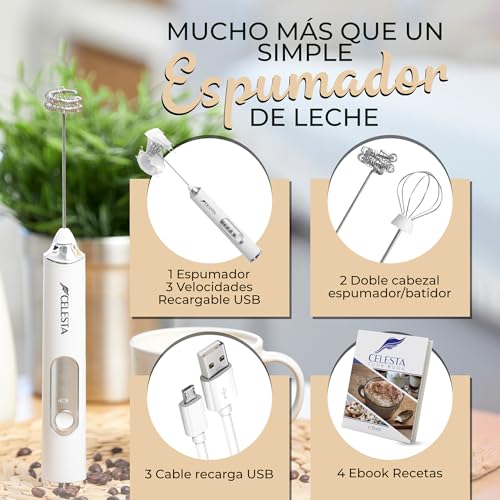 Miniatura 3 de Celesta Espumador De Leche Electrico De Mano - Batidora Leche Espuma Recargable Usb - 2 Varillas Acero Inoxidable Cable Usb, Espumador Y Batidor De Huevos