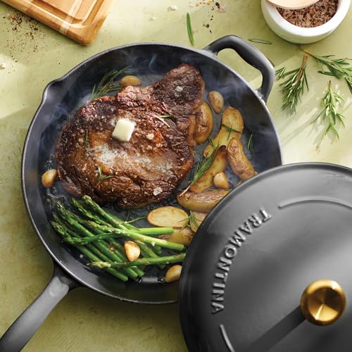Image of Tramontina Bestow Enameled Cast Iron 12-Inch Skillet with Lid, Smoke