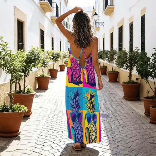 Robe longue à bretelles spaghetti dos nu motif ananas