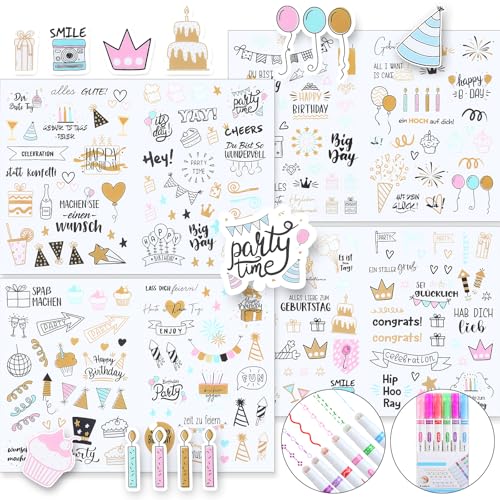 Wincredulous 4 hojas, 225 tipos de patrón de feliz cumpleaños pegatinas con 6 piezas diferentes tipos de colores formas curva iluminador pluma para álbum de fotos, álbum de recortes, decoración de