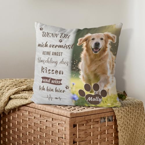AnJeey Personalisiertes Erinnerungskissen für Hunde/Katzen | Doppelseitiges Foto & Name | Trostgeschenk Trauer | Gedenkgeschenk verstorbenes Haustier