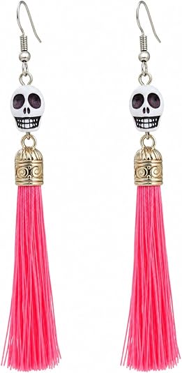 Halloween Sugar Skull Tassel Earrings, Vintage Boho Dangle Jewelry with Colorful Fringe