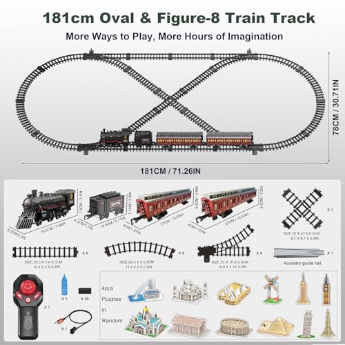 Image of Electric Train Sets Remote Control for Kids Metal Alloy Christmas Train Toys Steam Locomotive Glowing Passenger Carriages Luxury Tracks Light & Sounds Rechargeable Birthday Gifts for Boys Girls Red
