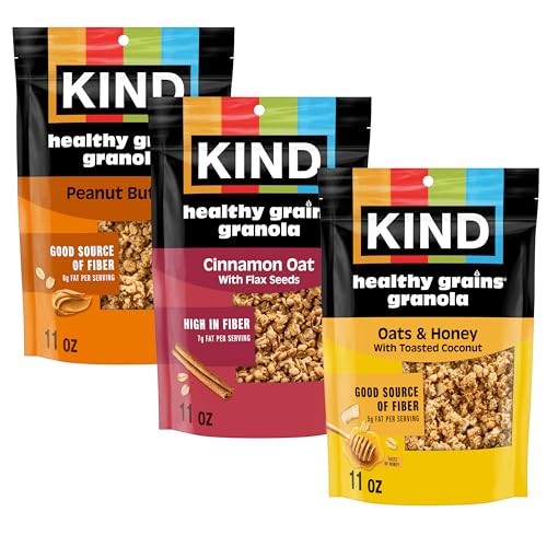 Kind Healthy Grains Granola Variety Pack, Gluten Free, Healthy Snack Mix, Peanut Butter, Cinnamon Oat, Oats & Honey, 5-10g Protein, 11oz, 3 Count