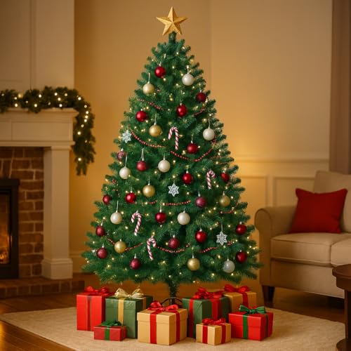 LUCKLIFE Christmas Tree 6.5ft Artificial Hinged Unlit Spruce with Lifelike Branch Tips,Holiday Decoration,Sturdy Metal Foldable Base,Easy Assembly,Green
