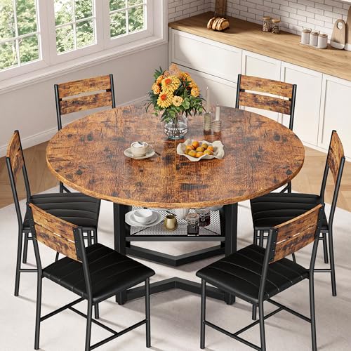 IRONCK Round Dining Table Set for 6, Rustic Brown