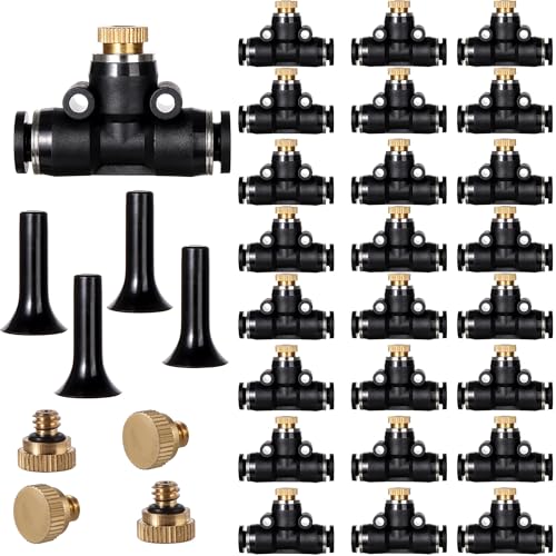 24 Pack Brass Misting Nozzles Outdoor Cooling System with 24 Heavy Duty Mister Nozzle,24 Tees,4 Brass Plugs,4 Black Plugs for Outdoor Cooling System