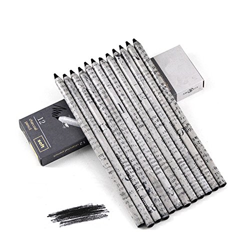 12-Piece Student Artist Sketch Drawing Black Charcoal Pencils Set Soft Hardness