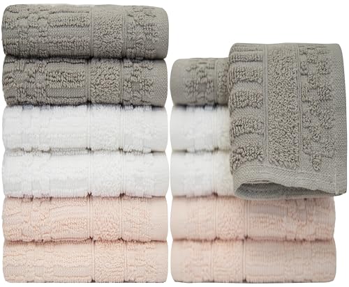 Image of PH Pleasant Home Diamond Wash Cloths Set - 12 Pack (12 inch x 12 inch) - 509 GSM - 100% Ring Spun Cotton Wash Cloth - Super Soft and Highly Absorbent Face Towels (Light Grey, White & Pink)